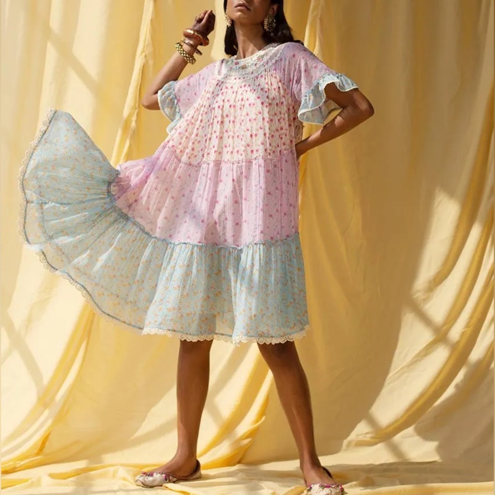 Saundh Rumaani Pastel Tunic Cotton Dress Patchwork‎ Lace Floral Embroidery Sz XS